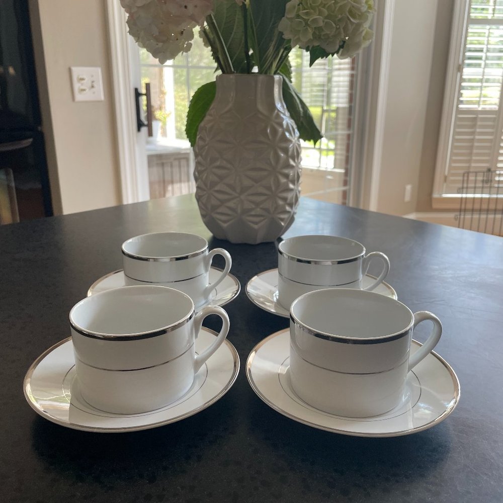 Silver Traditions Porcelain Tea Coffee Cups Saucers Set of Four by Signature